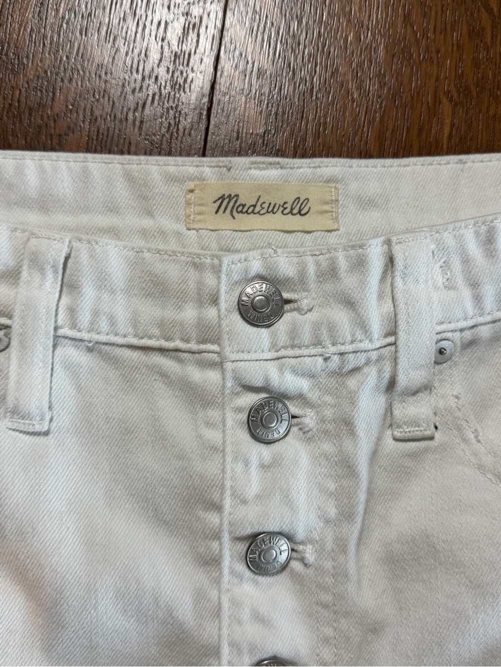 Madewell Rigid Denim High Rise A-Line Mini Skirt Tile White Button Front Size 29 - Picture 2 of 6